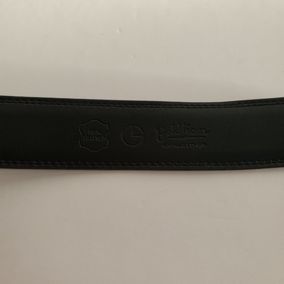 Vtg Men's Black Leather Belt GOLDLION w/ Chrome Rect Lock Buckle Office Career - Picture 5 of 8